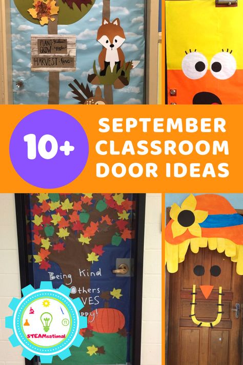 Fall Elementary Door Decorations, October Teacher Door Ideas, Classroom Door Decorations For Fall, Creative Fall Door Decorations, September Teacher Door Ideas, Fall Classroom Door Ideas Kindergarten, Science Fall Door Decorations Classroom, Fall Festival Door Decorations, Fall Themed Teacher Doors