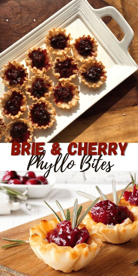 Brie and Dark Cherry Phyllo Bites - DINE DREAM DISCOVER Dark Cherry And Brie Phyllo Bites, Cherry Appetizer Recipes, Cherry Brie Appetizer, Phylo Pastry Recipes Desserts, Phyllo Dough Appetizers, Cherry Appetizers, Phylo Pastry Recipes, Brie Appetizer Bites, Cup Appetizers