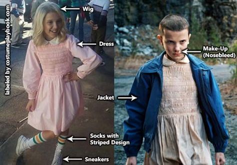 Dress up as Eleven from Stranger Things! Full guide here: http://costumeplaybook.com/tv-shows/3610-stranger-things-eleven-costume/ Eleven Pink Dress Stranger Things, El Stranger Things Costume, El Costume Stranger Things, 11 Costume Stranger Things, Eleven Costume Ideas, Eleven Stranger Things Wig, Stranger Things Couple Costume, Stranger Things Costume Eleven, Diy Eleven Costume