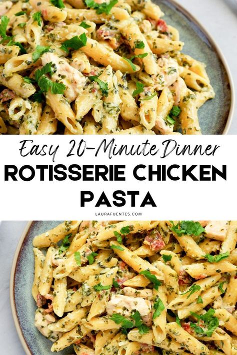 easy rotisserie chicken pasta recipe Rotisserie Chicken Recipes Leftover Pasta, Rotisserie Chicken Pasta, Chicken Leftovers, Garlic Pasta Recipe, Rotisserie Chicken Recipes Leftover, Pasta With Garlic, Chicken Recipes Easy Quick, Chicken Pasta Dishes, Creamy Pasta Dishes