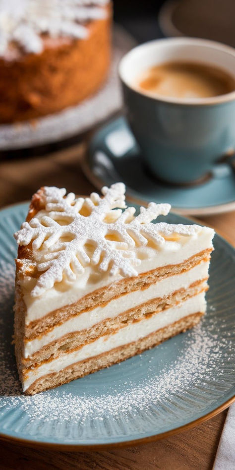 Indulge in the holiday spirit with this elegant Almond Snowflake Cake! Fluffy almond layers and creamy frosting come together to create a delicious dessert that captures the essence of winter wonder, perfect for any festive occasion. Snowflake Dessert Ideas, Solstice Cake Winter, Winter Dessert Ideas, Winter Cake Recipes, Almond Dessert Recipes, Hanukkah Desserts, Christmas Bakes, Winter Dessert, Creamy Frosting