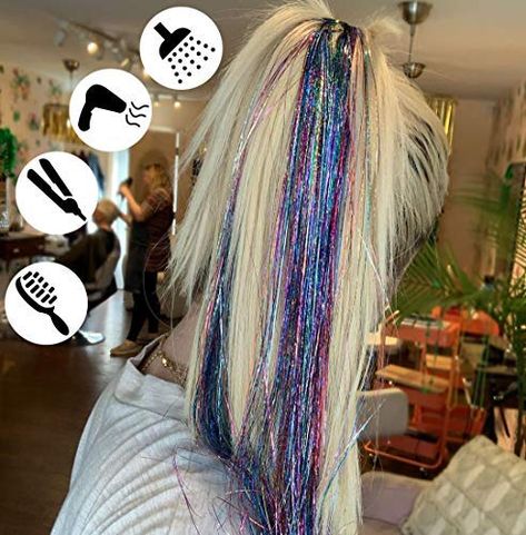 Amazon.com : 47 Inch 12 Colors Hair Tinsel With Tool Sparkling Dazzle Glitter Shiny Hair Extensions Hair Silk Tinsel（47 inch,12 Color,2400 Strands ） : Beauty & Personal Care Party Tinsel, Sparkle Hair, Holographic Hair, Hair Glitter, Hair Tinsel, Colors Hair, Fairy Hair, Extensions Hair, Glitter Party