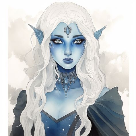 Helfyn lady concept art #Midjourney #AI Ice Queen Character Design, Moon Genasi, Winter Eladrin Female Dnd, Winter Eladrin Dnd, Genasi Wizard, Air Genasi Female, Water Genasi Female, Winter Eladrin, Wind Witch