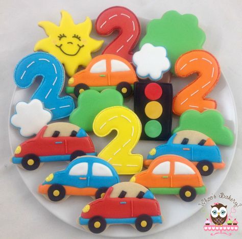 Car cookies, car party, traffic light cookies, sun cookies, tree cookies, car scene cookies, number cookies 2 Cookies Number, Car Cookie Cake, Transportation Cookies Birthday Parties, Car Decorated Cookies, Car Birthday Cookies, Vintage Car Cookies, Sun Cookies, Transportation Cookies, Light Cookies