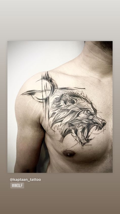 #wolf #wolftattoo #wolftattoodesign #wolftattoos #wolflover #abstractart #abstracttattoo #tattooideas #chestattoo #tattooforboys #tattooideas #tattoodesign #tattooinahmedabad #tattoobykaptaan #kaptaantattoo Mens Wolf Tattoo, Tattoos Men Chest, Wolf Tattoos Men, Tattoo Chest, Tattoos Men, Chest Design, Men Chest, Bird Tattoo, Wolf Tattoos