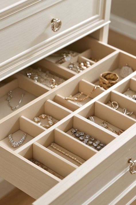 Protect and organize your jewelry with drawer dividers designed for rings, bracelets, and necklaces. Soft velvet or fabric-lined dividers help prevent tangling and damage, while making it easy to find your favorite pieces. Custom dividers can be designed to fit any drawer size. 💍📿 #JewelryStorage #DrawerDividers #OrganizedJewelry Jewelry Organizer Drawer, Jewelry Storage Solutions, Divider Design, Jewelry Drawer, Drawer Space, Drawer Dividers, Earring Organizer, Bracelets And Necklaces, Drawer Organizers