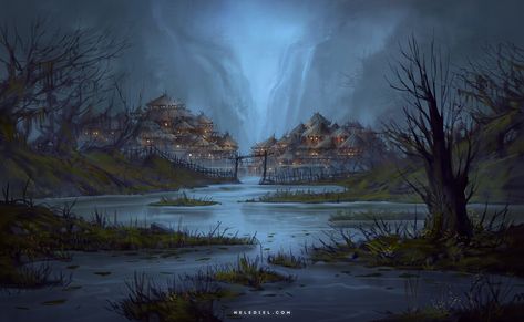 Swamp Town, Swamp City, Fantasy Swamp, Children Of The Forest, Fantasy City, Fantasy Places, Fantasy Art Landscapes, Environmental Art, Magical Places