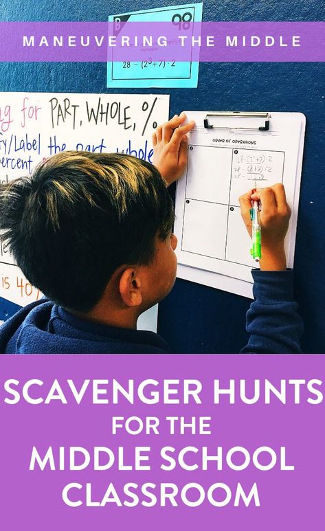 Looking for ideas on how to engage your students better and get them up and learning? Check out how I turn learning math into a fun scavenger hunt activity in my middle school classroom. | maneuveringthemiddle.com #classroommanagement #backtoschool #middleschoolmath Scavenger Hunt Activities, Classroom Middle School, Classroom Scavenger Hunt, Middle School Activities, Middle School History, Cult Of Pedagogy, Middle School Math Classroom, Struggling Students, Scavenger Hunts