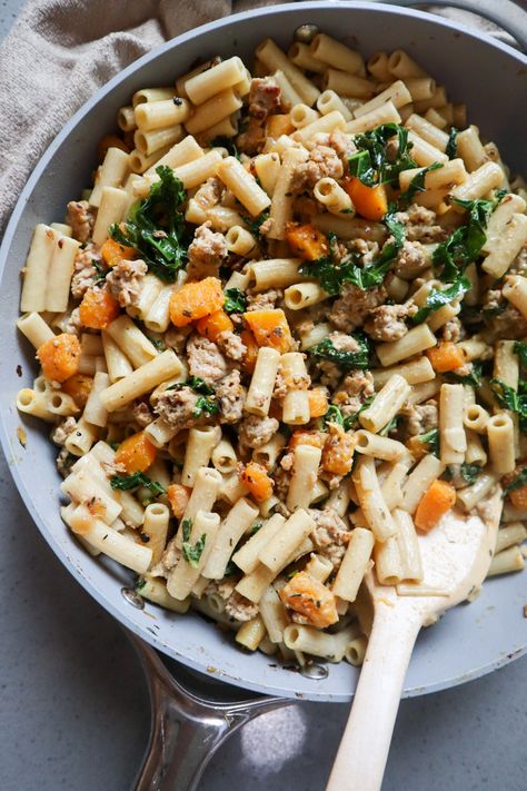 CREAMY BUTTERNUT SQUASH, SAUSAGE, & KALE PASTA Sausage And Kale Pasta, Sausage Kale Pasta, Kale Pasta Recipe, Squash Sausage, Sage Pasta, Butternut Squash Recipes Pasta, Butternut Squash Sausage, Butternut Squash Kale, Sausage And Kale