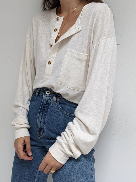 Layered Henley Outfit, Henley Shirt Outfit, Henley Top Outfit, 2000s Clothing, Curved Neckline, Women's Henley, House Clothes, Henley Top, Curated Vintage