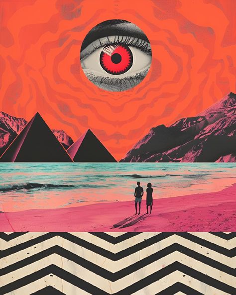 Save & follow PixelSynth for more surreal art! 🌈 This psychedelic masterpiece features a large eye with a red center surrounded by wavy, vibrant patterns. Below, three black pyramids grace a beach, invoking dreamlike wonder. Psychedelic art, known for its bold colors and mind-bending visuals, emerged from the 1960s counterculture. Created using digital techniques, it echoes the era's experimental spirit. #SurrealArt #Psychedelic #DigitalArt #ArtEducation #PixelSynth #VisualCulture Surrealism Ideas, Trippy Clouds, Trippy Beach, Psychadelic Surrealism, Trippy Desert, Physcadelic Puzzles, Sell Photos, Vibrant Patterns, Elephant Painting