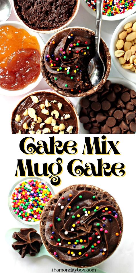 Top image mug cake with chocolate frosting and sprinkles surrounded by cups of add-ins like peanuts, jams, chips. Text Cake Mix Mug Cake. Bottom image closeup of chocolate frosted mug cake. Mug Cake Using Boxed Cake, How To Make A Mug Cake With Box Cake, Box Mug Cake Microwave, Mug Cake From Cake Mix Microwave, Box Cake In A Mug, Box Cake Mug Cake Microwave, Microwave Cake In A Mug Recipes, Cake Mix Mug Cake Microwave Easy, Mug Cake Mix In A Jar Recipe