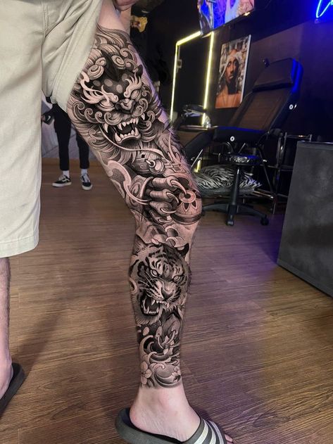 Calf Tattoo Ideas, Samurai Tattoo Sleeve, Japanese Leg Tattoo, Koi Tattoo Sleeve, Japanese Tattoos For Men, Japanese Legs, Geometric Sleeve Tattoo, Full Leg Tattoos, Animal Tattoo Ideas