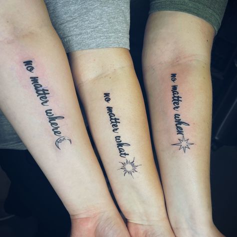 Matching Tattoos Bonus Mom, Mom Of Multiples Tattoo, You Are My Sunshine Matching Tattoo, Sisterhood Tattoos Friends, Trio Matching Tattoos, Sister Tattoos No Matter Where, Mother Son Tattoos, Cute Matching Tattoos, Matching Friend Tattoos