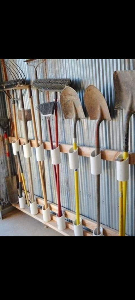 Gambrel Shed, Hanging Tools, Small Garden Shed, Storage Shed Organization, Tool Hooks, Garden Tool Organization, Shed Organization, Metal Storage Sheds, Garage Tool Storage