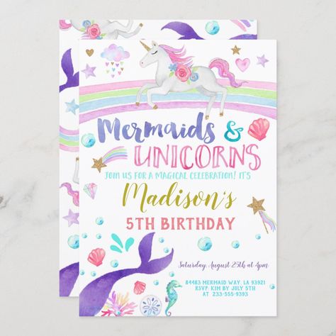 Mermaids Birthday Party, Mermaid And Unicorn, Mermaid Birthday Party Invitations, Mermaid Invitation, Rainbow Birthday Invitations, Unicorn Birthday Party Invitation, Unicorn Mermaid, Mermaid Invitations, Unicorn Birthday Invitations