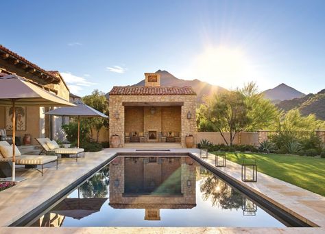 4 Of Scottsdale's Top Design Teams Collab On This Stunning Silverleaf Retreat Scottsdale Homes, Scottsdale Landscape Design, Scottsdale Home Decor, Scottsdale Arizona Homes, Limestone Wall Cladding, Farm And Craft Scottsdale, Antique Glass Mirror, Limestone Pavers, Reclaimed Beams