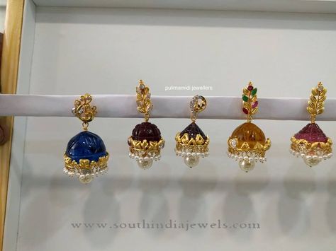 Stone Earrings Gold, Gold Jhumkas, Gold Jhumka Earrings, Neck Pieces Jewelry, Gold Jewelry Outfits, Colorful Stones, Gold Jewelry Simple Necklace, Silver Jewellery Indian, Diy Earring