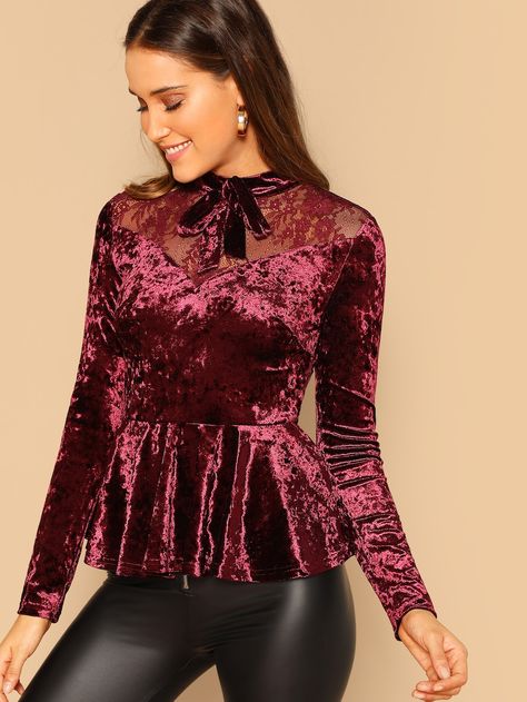 Bow Embellished Lace Yoke Velvet Peplum Top -SheIn(Sheinside) Velvet Top Designs, Velvet Peplum Top, Velvet Dress Designs, Net Top, Peplum Tops, Purple Wine, Velvet Blouses, Velvet Top, Velvet Fashion