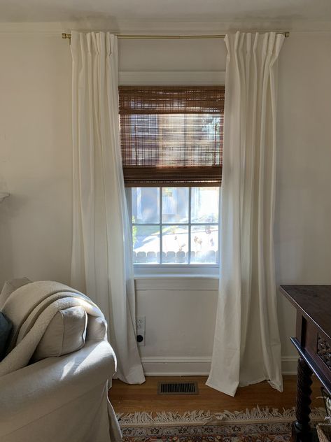 Rattan Blinds With White Curtains, Curtains Over Bamboo Shades, Bay Window Bamboo Shades, Wooden Roman Shades, Rattan Shades With Curtains, Bamboo Shades With Curtains Living Rooms, Bamboo Shades And Curtains, Bamboo Shades With White Curtains, Bamboo Roman Shades With Curtains