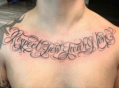 Lettering Fonts Tattoo, Chest Tattoo Writing, Feminine Shoulder Tattoos, Tattoo Writing, Fonts Tattoo, V Tattoo, Mary Tattoo, Tattoo Symbols, Word Tattoo