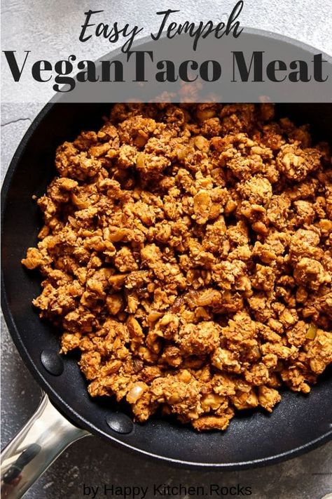 Hands down THE BEST vegan taco meat made of tempeh that is as close as possible to the real thing. You just need 3 essential ingredients and 20 minutes to make this tried-and-true vegan meat recipe! #tacos #vegan #tempeh #mexican #tacotuesday | happykitchen.rocks Tempeh Recipes Vegan, Vegan Taco Meat, Tempeh Tacos, Vegan Tacos Meat, Vegan Meat Recipe, Vegan Taco, Tempeh Recipes, Vegan Meat, Meat Recipe