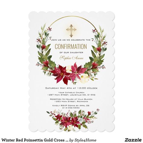 Winter Red Poinsettia Gold Cross Confirmation Invitation Wreath Bouquet, Confirmation Invitation, Confirmation Invitations, Poinsettia Wreath, Red Poinsettia, Bar Mitzvah Invitations, Winter Red, Poinsettia Flower, Religious Cross