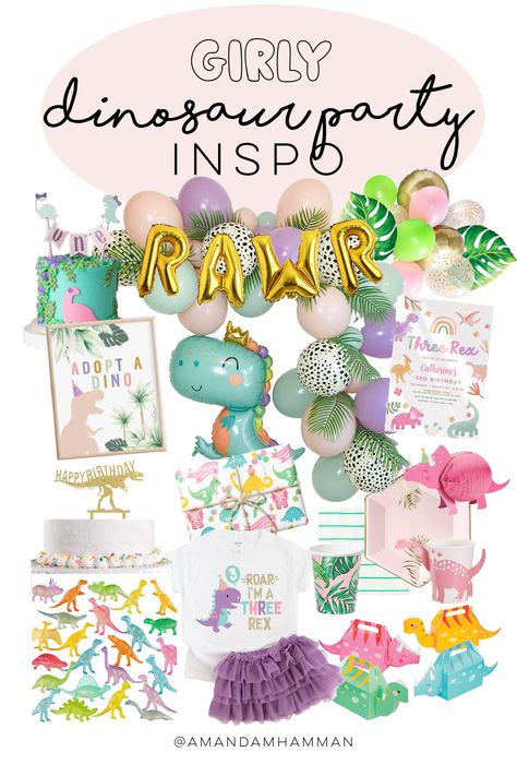 Dinosaur Birthday Party 3rd Party, Girly Dinosaur 2nd Birthday, Pink And Green Dinosaur Party, Girly Three Rex Party, Three Rex Centerpieces, Dino Unicorn Party, 3 Rex Girl Party, Fourth Birthday Dinosaur Theme, Third Birthday Dinosaur Theme Girl