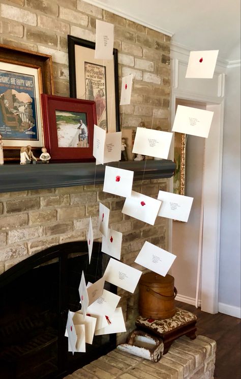 I created letters coming from my fireplace. 1. Found the correct font. 2. Printed empty envelopes with the Hogwarts address. 3. Used a red candle and a penny to seal the backs. 4. Tied fishing line to my fire screen and then used 3m hooks on my ceiling. 5. Attached the envelopes to the fishing line with transparent tape and hot glue. Voila! Big party statement for not a lot of money. I’ll look for links soon. Harry Potter Halloween Decorations, Harry Potter Shower, Harry Potter Bridal Shower, Harry Potter Party Decorations, Harry Potter Christmas Decorations, Hogwarts Party, Harry Potter Theme Birthday, Harry Potter Halloween Party, Cumpleaños Harry Potter