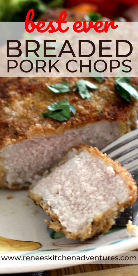 Best Ever Breaded Pork Chops by Renee's Kitchen Adventures. Crispy on the outside, juicy on the inside, thick cut oven baked boneless center cut breaded pork chops are comfort food you know and love! #RKArecipes #porkchop #pork #breadedporkchop #ovenbakedporkchops Pork Loin Center Chops Recipes, Thick Cut Pork Chop Recipes Baked, Pork Loin Chops Recipes Boneless Crockpot, Homemade Shake And Bake Pork Chops, Crispy Baked Pork Chops Oven, Fried Pork Chop Recipes Boneless, Thick Cut Boneless Pork Chop Recipes, Thick Cut Pork Chops In Oven, Breaded Pork Chop Recipes