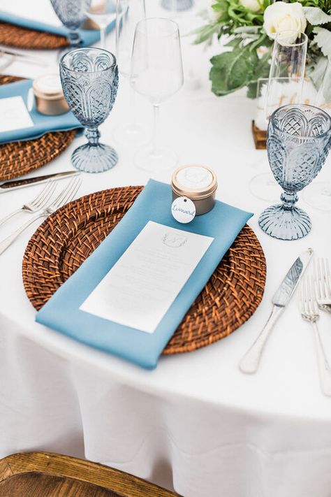 Woven Chargers Table Settings, Blue Napkin Wedding Place Settings, Rattan Charger Plates Wedding, Rattan Chargers Table Setting, Wicker Placemats Wedding, Rattan Chargers Table Setting Wedding, Round Wedding Tables, Rattan Charger, Place Card Table Wedding