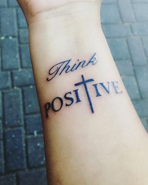 Think Positive Tattoo Men, Think Positive Tattoo Design, Positive Tattoos Men, Think Positive Tattoo, Positive Tattoos, Positivity Tattoo, Tricep Tattoos, Grace Tattoos, Think Tattoo