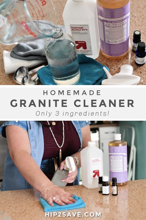 Try out this easy granite countertop cleaner spray using Castille soap & isopropyl alcohol for degreasing and mild disinfecting on home surfaces. #diy #homemade #granite #countertop #cleaning #cleaningspray #stonecleaner #supplies #home #quartz Granite Countertop Cleaner, Homemade Granite Cleaner, Quartz Cleaner, Types Of Kitchen Countertops, Granite Cleaner, How To Clean Granite, Castille Soap, Natural Granite, Cleaner Recipes