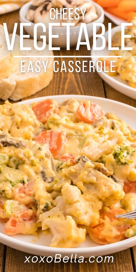 This cheesy vegetable bake is a delicious vegetable medley that takes mere minutes to throw together. It’s a foolproof dish prepared with frozen mixed vegetables, cream of mushroom soup, butter, cheese, and crispy bread crumbs. Serve this as a side with anything from chicken to meatloaf, steak, ribs, or your preferred protein. You just can’t go wrong with a cheesy vegetable casserole. Cheesy Vegetable Casserole, Frozen Vegetable Recipes, Veggie Casserole Recipes, Cheesy Pork Chops, Mixed Vegetable Casserole, Mix Vegetable Recipe, Casserole Ideas, Cheesy Vegetable, Frozen Mixed Vegetables