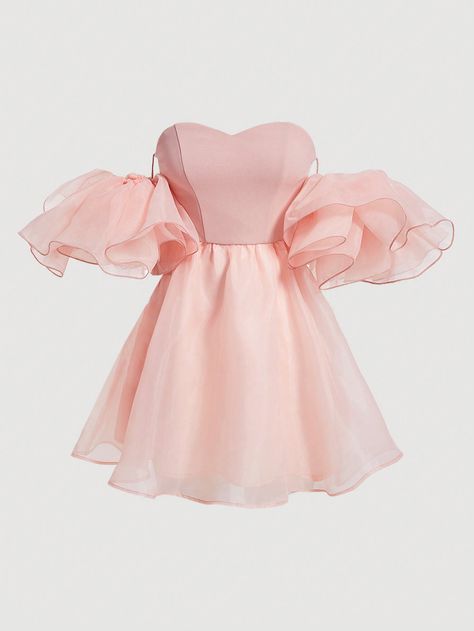 Pink Elegant Collar Short Sleeve Woven Fabric Plain A Line,Fit and Flare Embellished Non-Stretch  Women Clothing Style Kawaii, Cute Dress Outfits, Cute Prom Dresses, Ruffle Sleeve Dress, Pretty Prom Dresses, Pink Outfits, Really Cute Outfits, Dresses For Teens, الرسومات اللطيفة