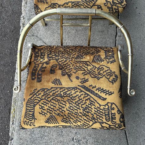 Mastercraft Brass faux bamboo brass frame reupholstered in Dedar “Tiger Mountain” jacquard velvet.   Fun Fact: These chairs came from the professional boxer Mike Tyson’s home in Ohio. Tyson had Bengal tigers as pets so we found it appropriate to cover them in a luxurious tiger textile. Tiger Print Chair, Tiger Mountain, Brass Chair, Professional Boxer, Printed Chair, Bamboo Frame, Mike Tyson, Modern Seating, Faux Bamboo