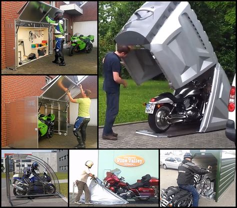 Motorcycle Storage Designs from Around the World, Part 1: Shelters Motorcycle Storage Garage, Motorcycle Storage Shed, Bil Camping, Bike Shelter, Motorcycle Storage, Motos Harley, Velo Cargo, Motorcycle Cover, Motorcycle Garage