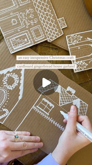 Diy Cardboard House Christmas Villages, Cardboard Gingerbread House Garland Diy, Tall Gingerbread House, Cardboard Box Christmas Ideas, Cardboard Christmas Village Templates, Gingerbread Houses Cardboard, Gingerbread House Cards Ideas, Gingerbread House From Cardboard, Christmas Crafts With Cardboard