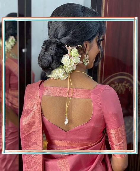 Tailors of new waistcoats & blouses. Sarees upcycled to lenghas. on Instagram: "The Ruby Blouse 🌸 Blouse stitched by: @stitched.by Worn on: @glambythulasy Saree: @azhagucollections MUAH: @beautyby_jenu Florals: @lotus__florist_06 Jewellery: @jewels_byjazz Looking for a perfect way to have a deep back shape but ensure enough support over your shoulders? Then how about something like this 🧡 It’s a beautifully dainty shape but don’t be fooled, that strap at the top is strong and will keep V Shape Blouse Designs Front And Back, Diamond Shape Back Neck Blouse Designs, Sweetheart Neck Saree Blouse, Leaf Shape Blouse Back Neck, V Shape Blouse Designs, Lotus Model Blouse Designs, Blouse Designs Latest, Asian Outfits, South Asian