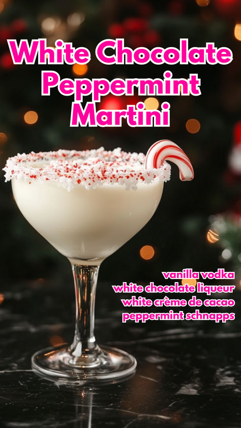 White Chocolate Peppermint Martini White Chocolate Liquor Drinks, Peppermint Schnapps Cocktails, Peppermint Chocolate Martini, White Chocolate Cocktails, Holiday Cocktail Recipes Christmas, White Chocolate Peppermint Martini, Pepermint Martini, Peppermint Alcoholic Drinks, Christmas Martini Holiday Drinks