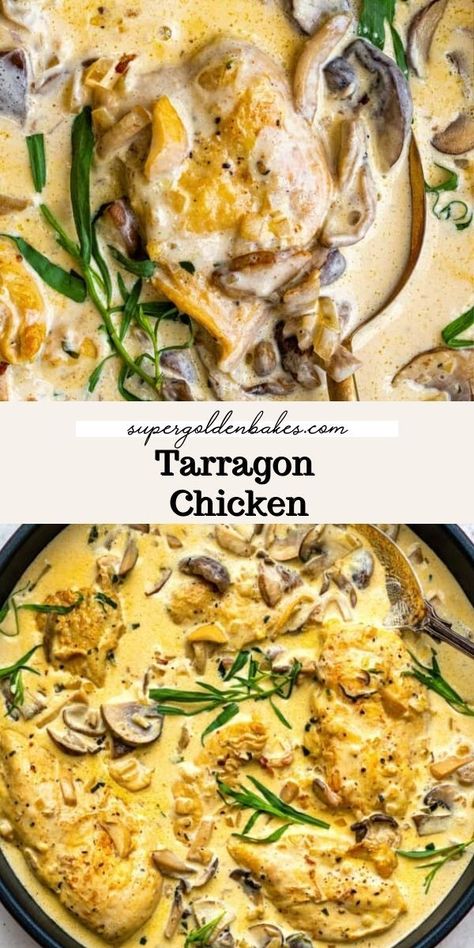 This creamy Tarragon Chicken recipe is quick enough for a weeknight meal but fancy enough for a dinner party! Tender chicken breasts cooked in a creamy sauce with mushrooms and the unique taste of tarragon. Tarragon Sauce Recipes, Easy Fancy Dinner Recipes, Tarragon Chicken Recipe, Chicken Breast Oven Recipes, Tarragon Recipes, Tarragon Sauce, Tarragon Chicken, Creamy Chicken Recipes, Chicken Recipes Boneless