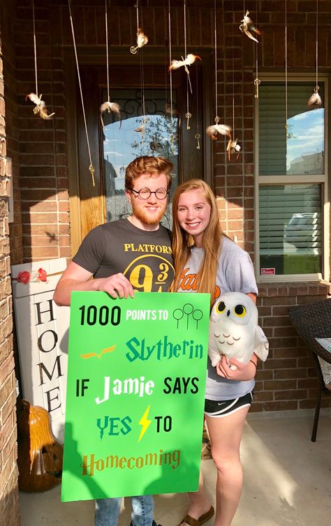 She loves everything Harry Potter so it only made sense to use it for Homecoming Homecoming Proposal Ideas Harry Potter, Hunger Games Hoco Proposal, Simple Homecoming Proposal Ideas, Harry Potter Homecoming Proposal, Harry Potter Hoco Proposals, Harry Potter Promposal, Funny Promposals, Harry Potter Proposal, Hoco Proposal Ideas