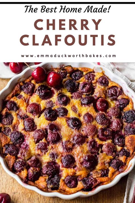 This Cherry Clafoutis combines pops of sweet cherries in a set custard-flan style base. It's a simple, rustic French dessert you'll want to make on repeat. Black Cherry Clafoutis, Cherry Plum Recipes, Cherry Clafoutis Recipe, Custard Flan, Clafoutis Recipe, Cherry Pie Filling Recipes, Traditional French Desserts, Clafoutis Recipes, Cherry Clafoutis