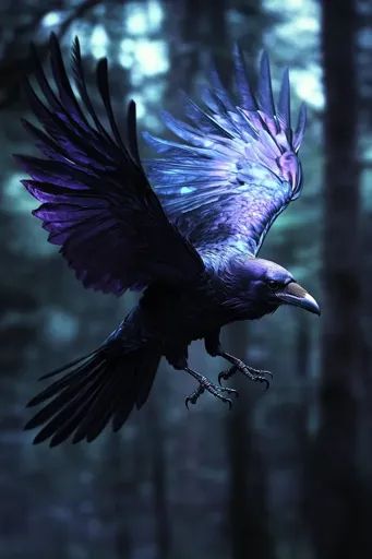 ↑↑↑ Larger size on website 🔸 A black raven with iridescent blue wings flies through a dark forest, its sharp talons extended. The Iridescent Raven Tattoo, Ravens Bird, Ravens Aesthetic, Ravens Flying, Neurodivergent Art, Raven In Flight, Raven Aesthetic, Raven Photography, Raven Flying