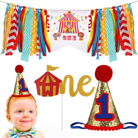 PRICES MAY VARY. Cloth Shiny hat: The number 1 on the hat tells everyone that your baby is one year old, the perfect embellishment to make your baby look adorable. banner: The banner designed with circus animal prints, and designs, can be hung on the cake table, ceiling, wall, hallway, etc. Stylish cake decorative flag: The special one design makes it the perfect decoration to match the party theme. Birthday decorations set: This set of birthday party decorations includes a banner, a cake flag o 1st Birthday Hats, 1st Birthday Party Decorations, Eid Ramadan, 1st Birthday Decorations, First Birthday Decorations, Carnival Themes, Baby 1st Birthday, Circus Theme, Birthday Supplies