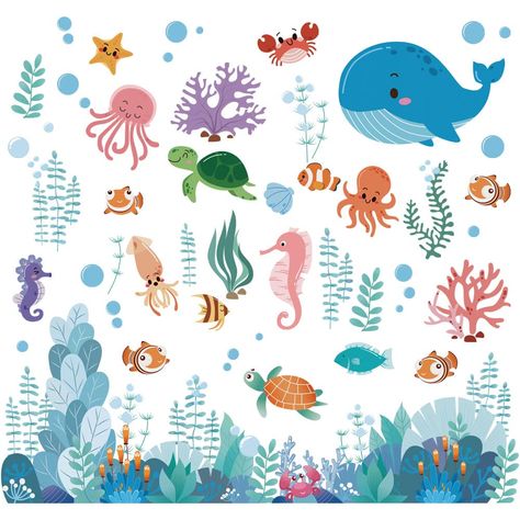 Ocean Bedroom Kids, Playroom Bathroom, Underwater Room, Sea Life Wall Art, Wall Drawings, Colorful Playroom, Wall Art Sticker, Cartoon Fish, Mandala Art Lesson