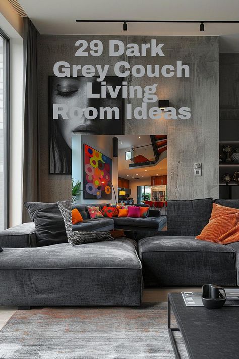 🍂This Room is Everything What Cushions Go With Dark Grey Sofa, Curtains For Living Room With Grey Couch, Dark Grey Color Palette Colour Schemes, Living Rooms With Dark Grey Couches, Dark Grey Sofa Living Room Accent Colors, Living Room Decor Dark Grey Couch, Living Room Designs With Grey Couch, Grey Leather Couch Living Room Ideas, Curtains With Grey Couch