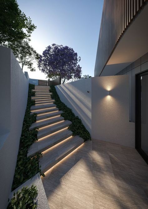 Pinterest Outside Stairs Design, Joe Adsett, Stairs Outdoor, Outside Stairs, Brisbane Architects, Stairway Lighting, Outdoor Walkway, Exterior Stairs, Stairway Design