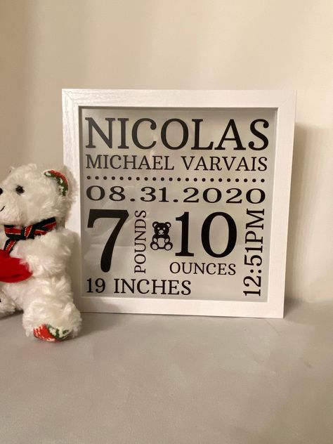 Baby Shower Cricut, Baby Stats Sign, Cricut Baby Shower, Baby Shadow Box, Light Nursery, Personalized Shadow Box, Baby Gifts To Make, Cricut Baby, Birth Announcement Sign