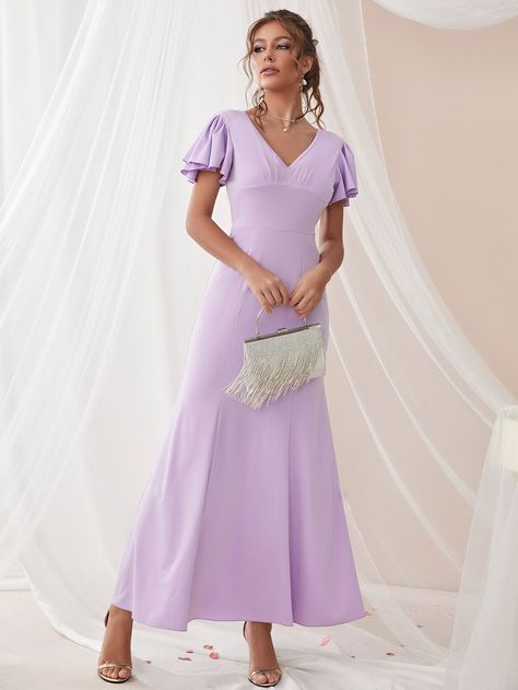 Purple Rehearsal Dinner Dress, Purple Dress Semi Formal, Lavender Dress Formal Short, Formal Purple Outfit, Purple Dress Outfit Wedding, Light Purple Dress Formal, Purple Dress With Sleeves, Lilac Dress Formal, Lavender Colour Dress